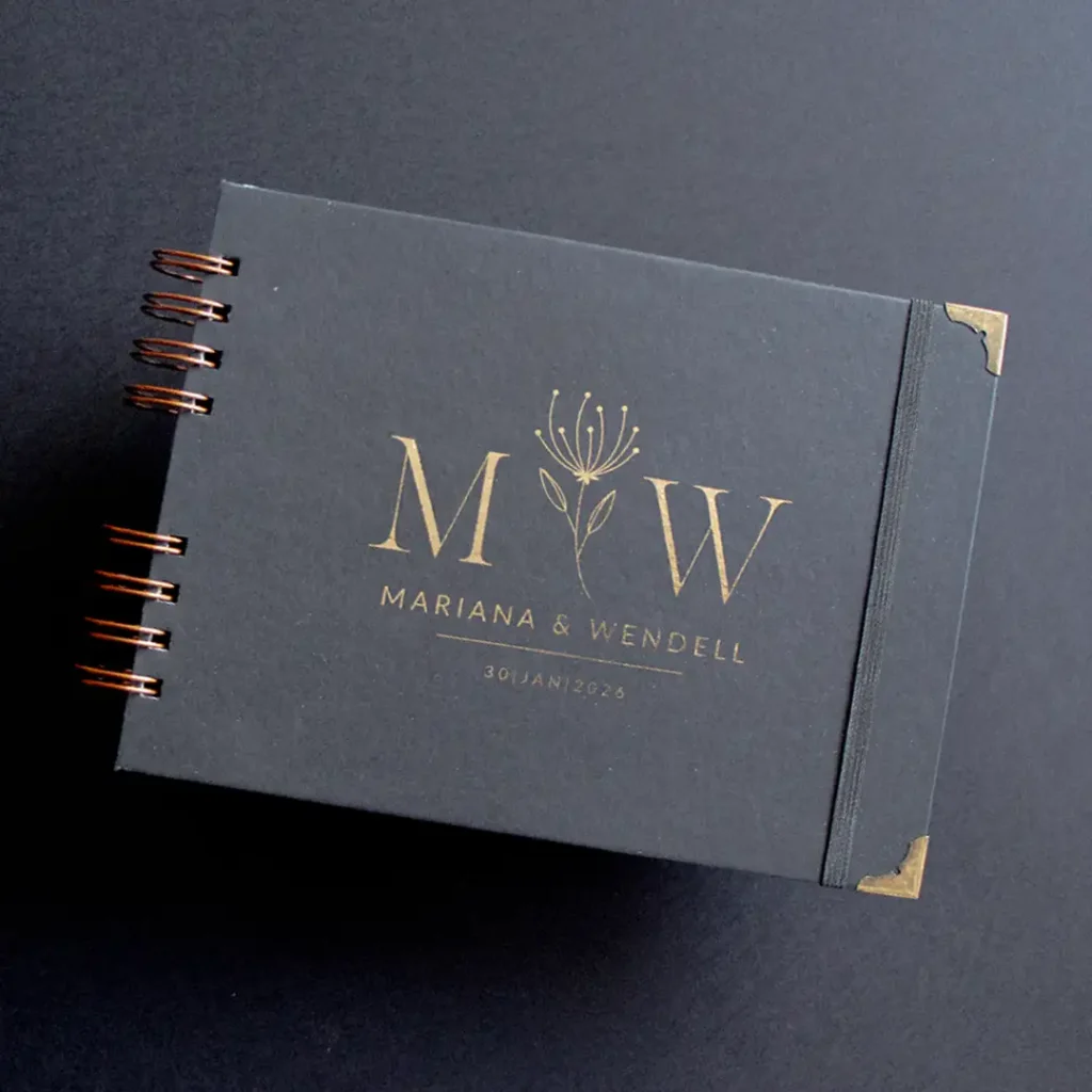 Livro para Fotos e Mensagens de Casamento - Folhas Pretas Lóris